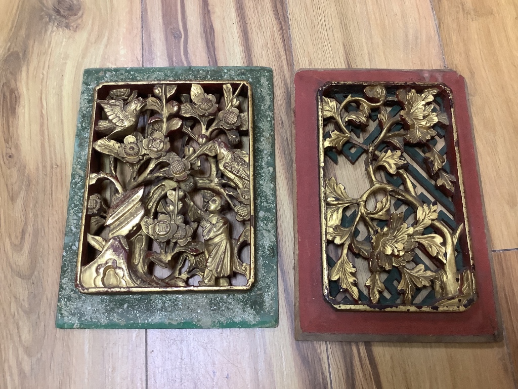 Ten Chinese carved, gilded and lacquered panels